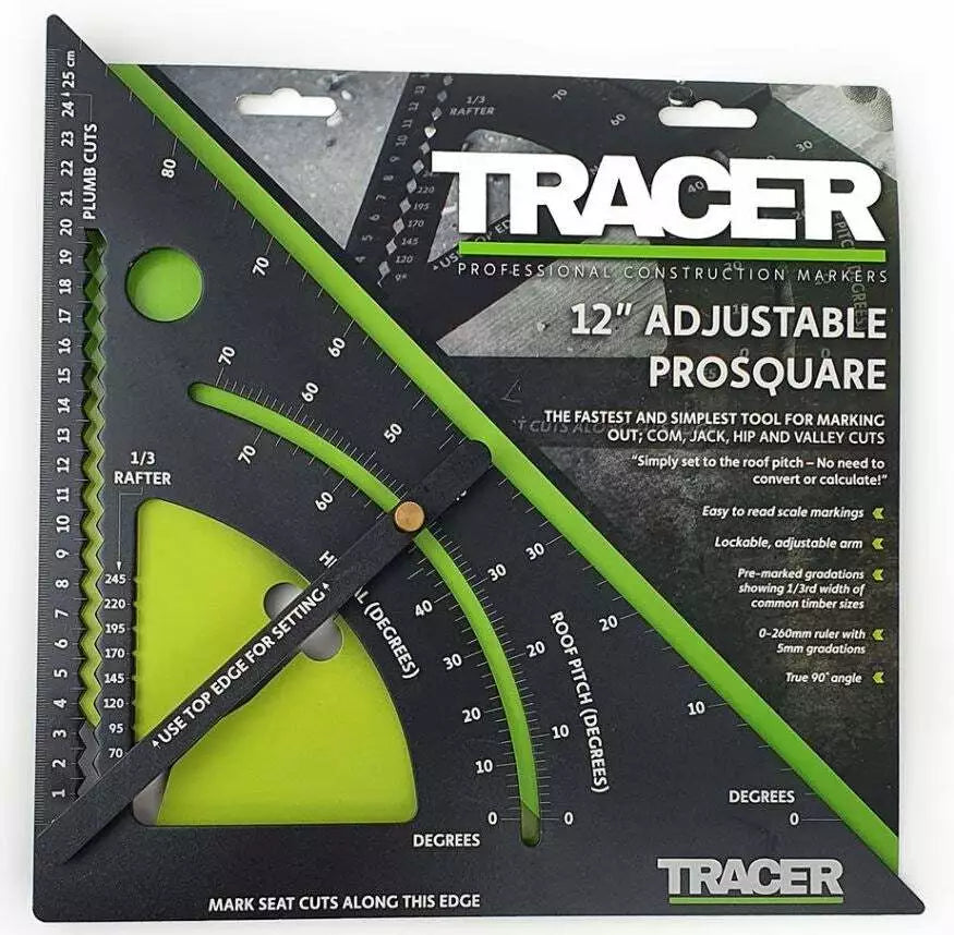 Tracer adjustable protractor packaging with green and black design